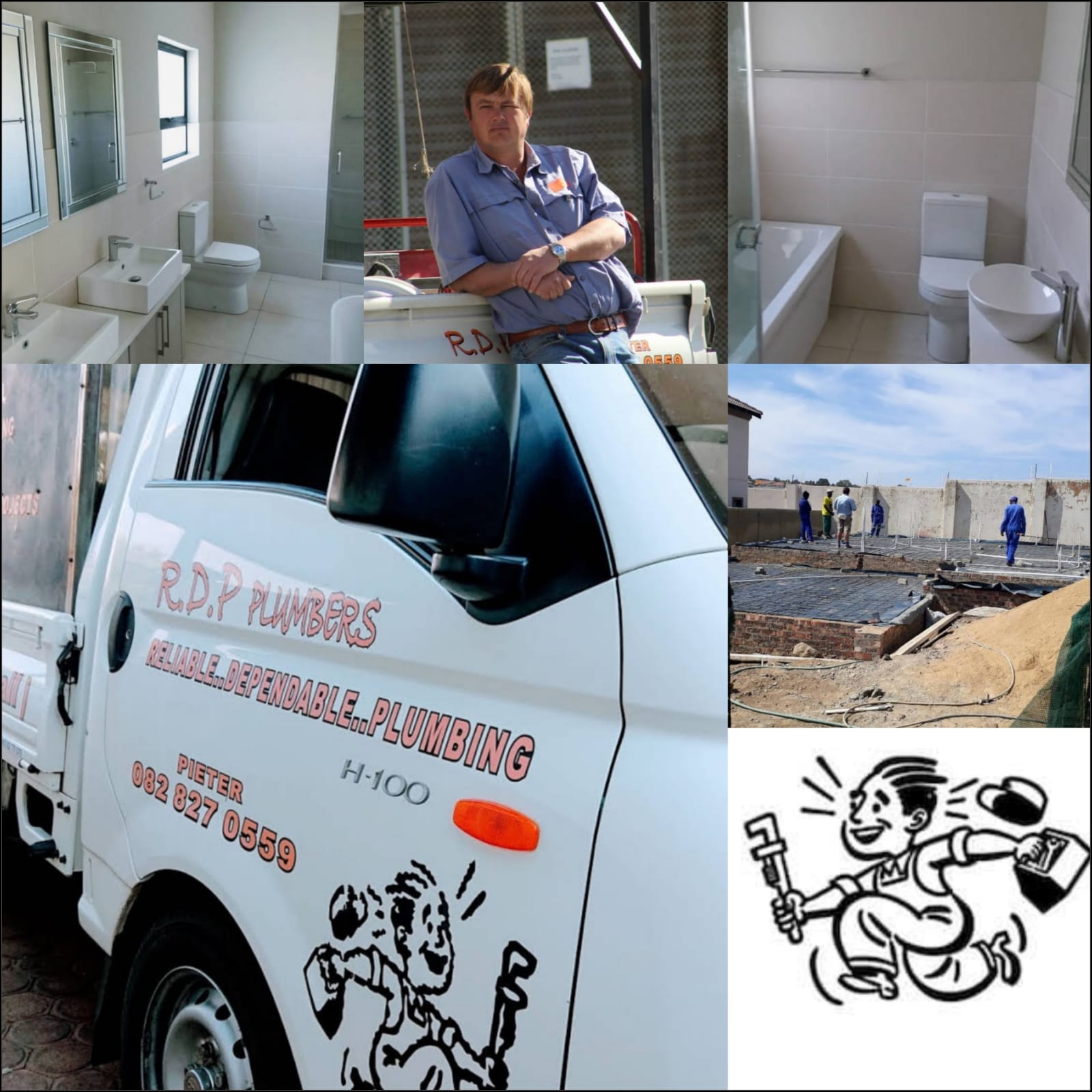 Pieter Swanepoel standing beside the branded R.D.P Plumbers vehicle